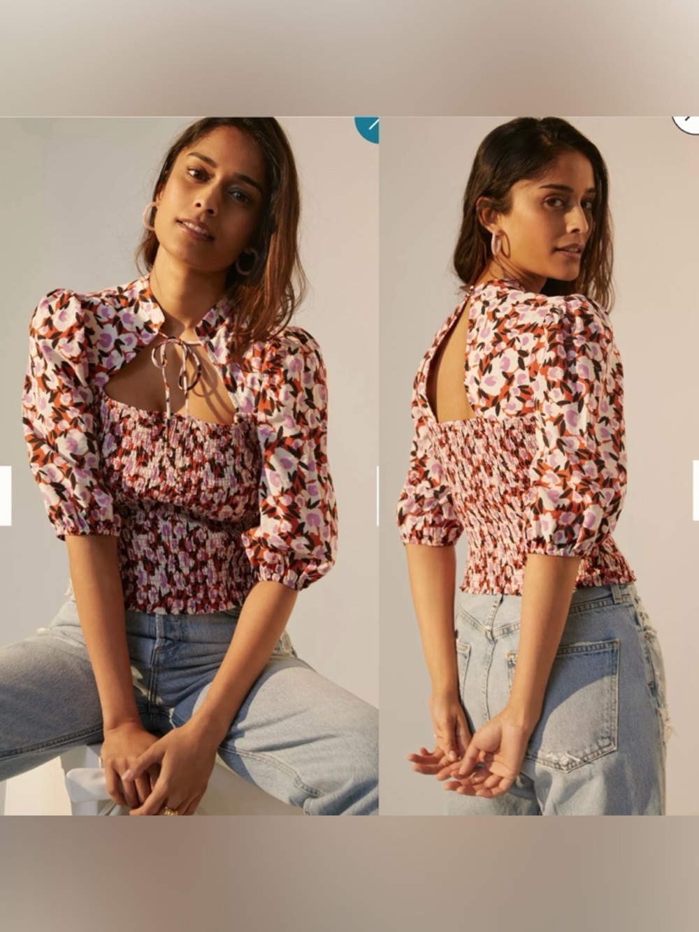 Anthropologie Maeve Smocked Floral Blouse Top Size Medium